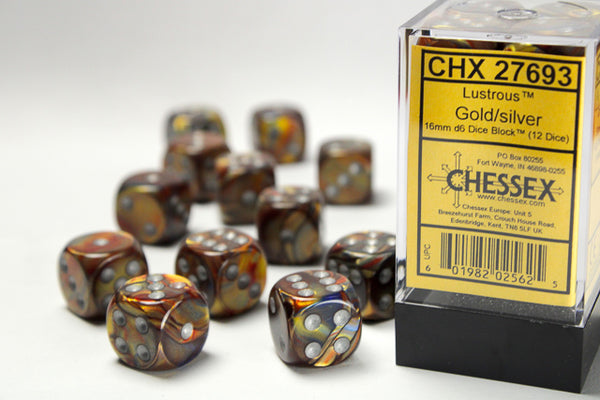 Chessex 16mm Gold & Silver Dice Set - 12 Premium Gaming Dice Blocks With Pips