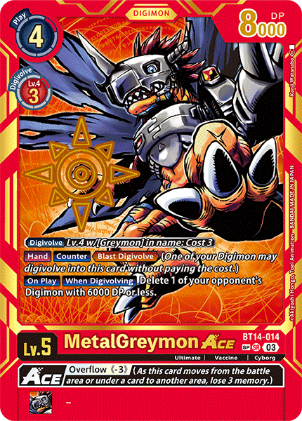 BT14-014, SR, MetalGreymon ACE (BT15 SP Alternate Art) – Kai of Cards