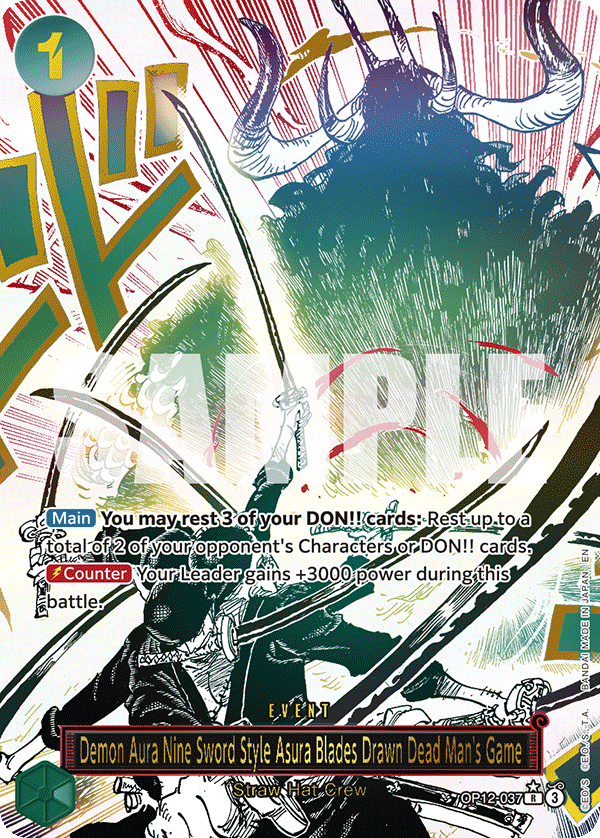 OP12-037, R, Demon Aura Nine Sword Style Asura Blades Drawn Dead Man's Game (Alternate Art)