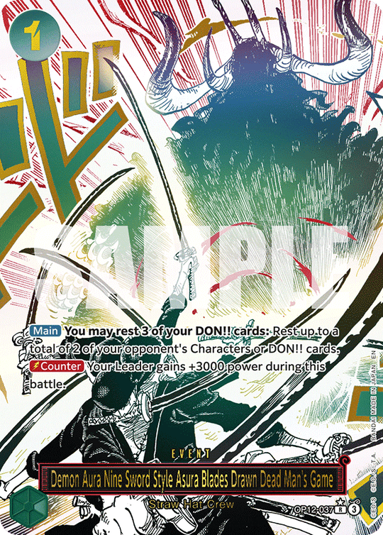 OP12-037, R, Demon Aura Nine Sword Style Asura Blades Drawn Dead Man's Game (Alternate Art)